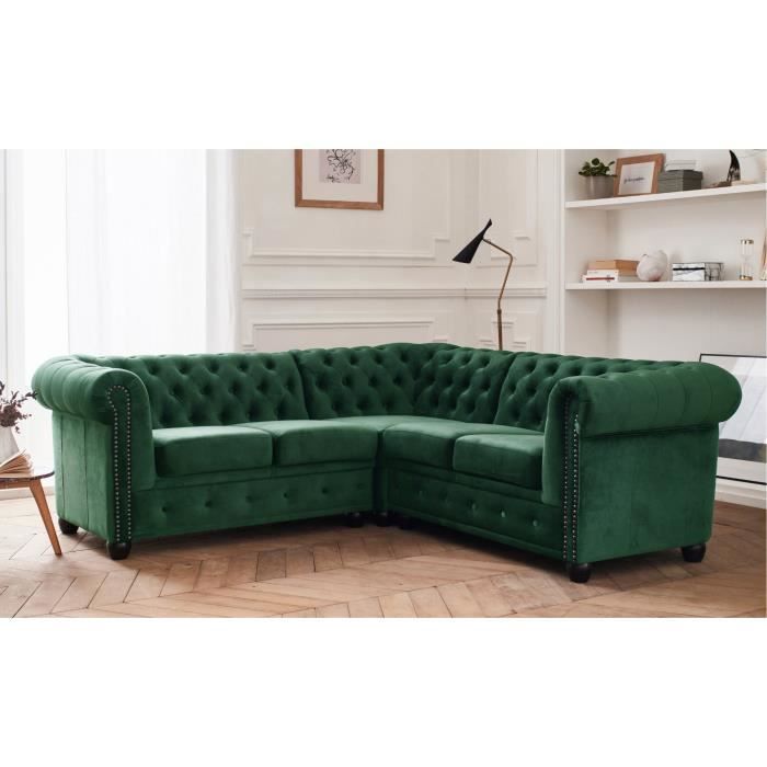 Canapé d'angle 5 places Tissu Chesterfield Vert