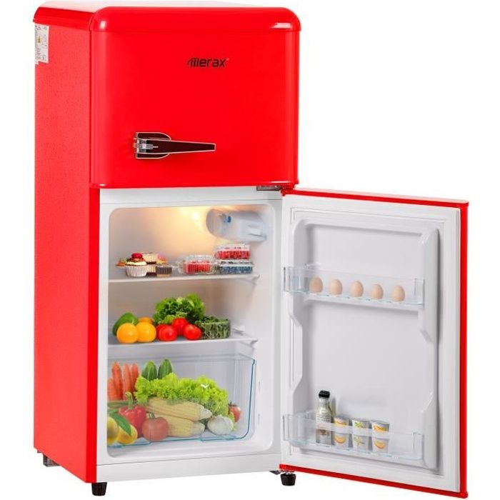 Refrigerateur congelateur en haut 60L (38L+22L) - Lumière LED- Classe énergétique F - 163 kWh-an - L42.5cm x H86.8cm - Rouge Refrigerateur congelateur en haut 60L (38L+22L) - Lumière LED- Classe énergétique F - 163 kWh-an - L42.5cm x H86.8cm - Rouge