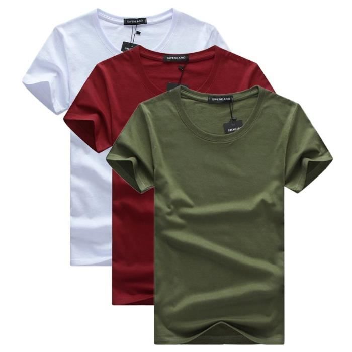 Lot de 3 T-Shirt Homme Manches Courtes Col Rond Tee Shirt Coupe Droite Couleur Unie - Blanc/bordeaux/vert