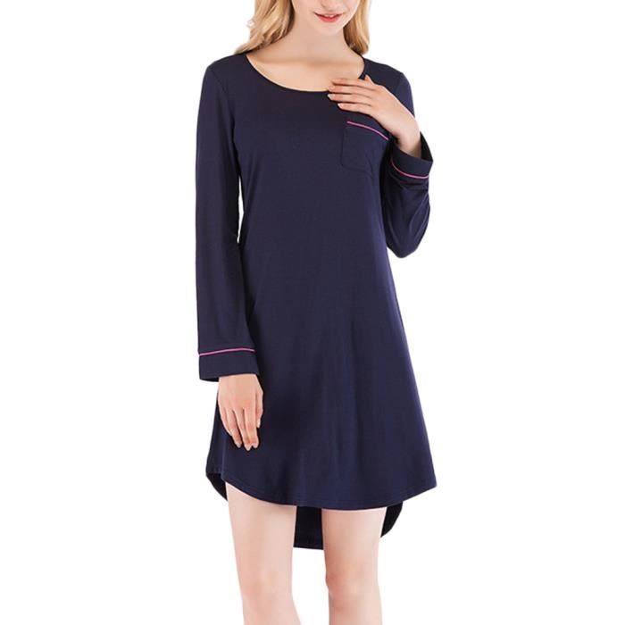 Chemise de Nuit Femme Tunique T Shirt a Manches Longues Lache Sleepwear Robe de Nuit Marine L Marine Cdiscount Pret a Porter