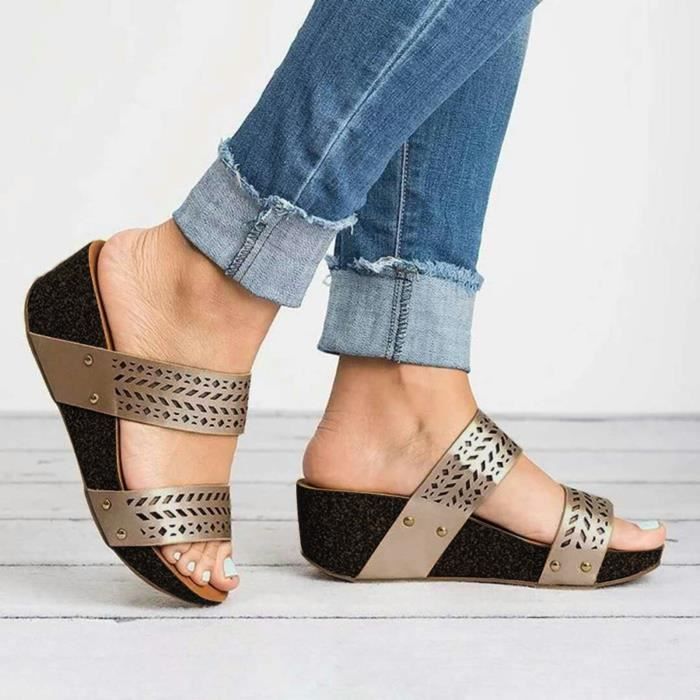 AMOUSDRDR Sandales Compensées Respirantes Femme - Cuir Bout Fermé Coupe Large Gladiateur