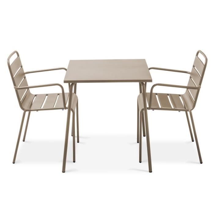 Ensemble table de jardin et 2 fauteuils empilables - OVIALA - Palavas - Acier thermolaqué - Taupe