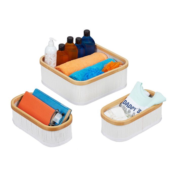 Relaxdays Lot De 3 Paniers De Rangement Bambou Et Tissu - 3 Tailles, Blanc/Gris, Salle De Bain Et Maison