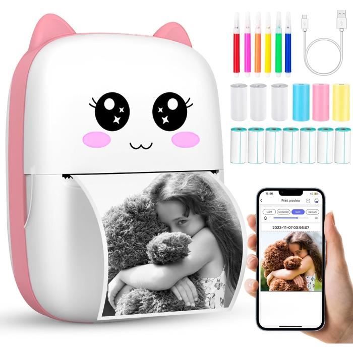 AURTEC Mini Imprimante Thermique, Imprimante Portable Sans Fil Bluetooth Sans Encre Avec 3 Rouleaux Dautocollants Et 3 Rouleaux De Papier Thermique Compatible Avec Android Ios Imprimante De Poche P