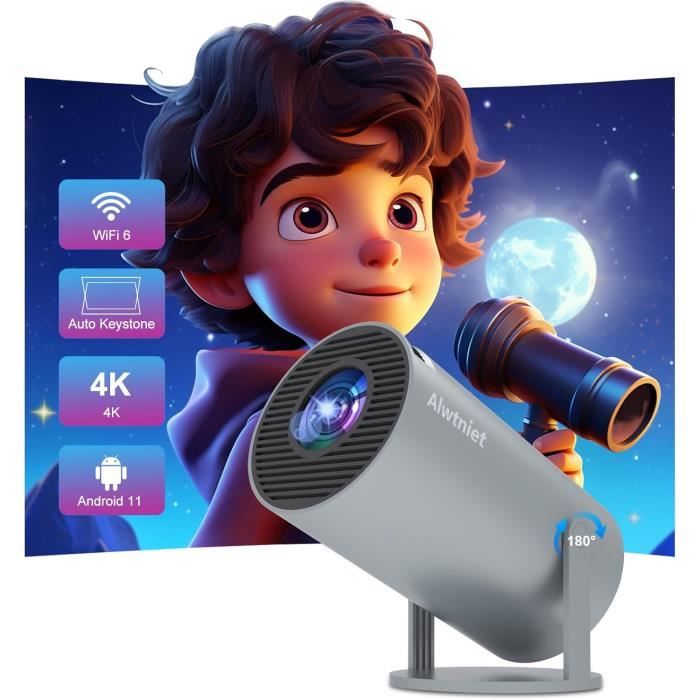 Videoprojecteur 4K Mini Portable Avec Android TV 11, Haut-parleur Intégré, WiFi6 Et Rotation 180° - Pour Films, Jeux, Présentation à La Maison Ou En Extérieur