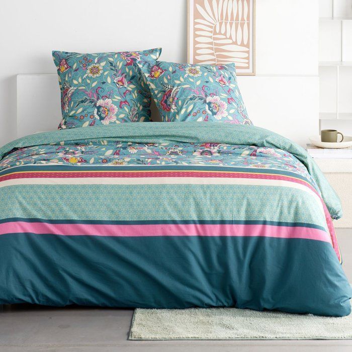 Parure de Lit - 260 x 240 cm - Coton Imprimé Floral Bleu - TODAY SUNSHINE