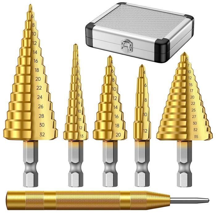 flintronic Foret Étagé, 5PCS (5-13mm, 3-13mm, 6-19mm, 5-22mm, 6-35mm), 1  Poinçon Central Automatique + 1 Foret Hélicoïdal, Foret de Coupe Conique à