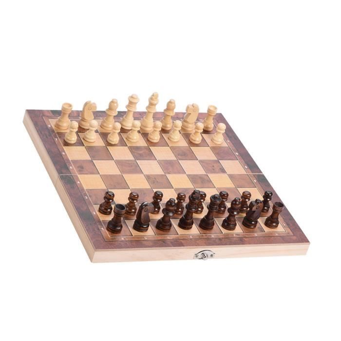 Jeu D'échecs 3 En 1 En Bois – Échecs, Dames, Backgammon – Plateau Portable Qooloo