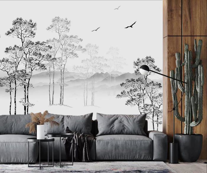 Papier Peint Panoramique 3D Soie Noir et Blanc Nature Foret,300x210cm ...