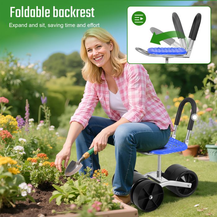 Relaxdays Siège roulant de jardin, 150 kg, réglable en hauteur, accessoire jardinage, 4 roues
