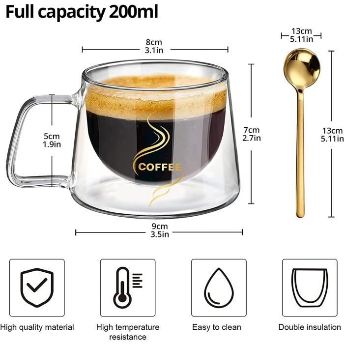 KAMEUN Lot De 2 Tasses Double Paroi 200ml Avec Cuillères - Verre Borosilicate Café Thé Effet Flottant