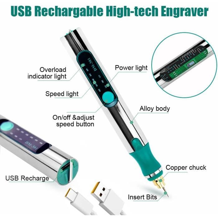 Stylo Graveur Électrique, USB Rechargeable Trousse à Outils De Gravure,  Mini Outil Graver, Graveur Rotatif de