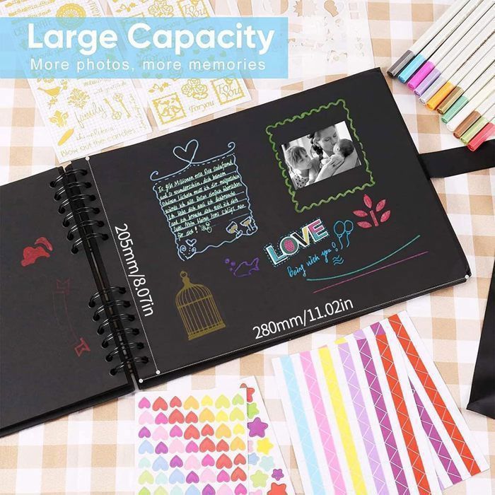 Album Photo DIY Format A4 - 80 Pages Noires - Papier Kraft 250g/m² - Reliure Spirale - Personnalisable Scrapbooking - 10