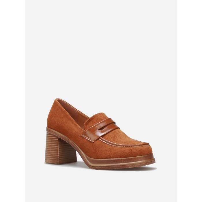 Mocassins Femme Marque Bi matiere Suedine et Simili Talon Carre 7 5cm Plateforme 2cm Camel Blanc Camel Cdiscount Chaussures