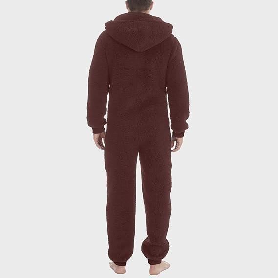 Grenouillere pour Homme Pyjama Polaire Pyjama en Flanelle a Capuche Une piece en Onesie en Peluche Rompe Sleepwear Ample Brun
