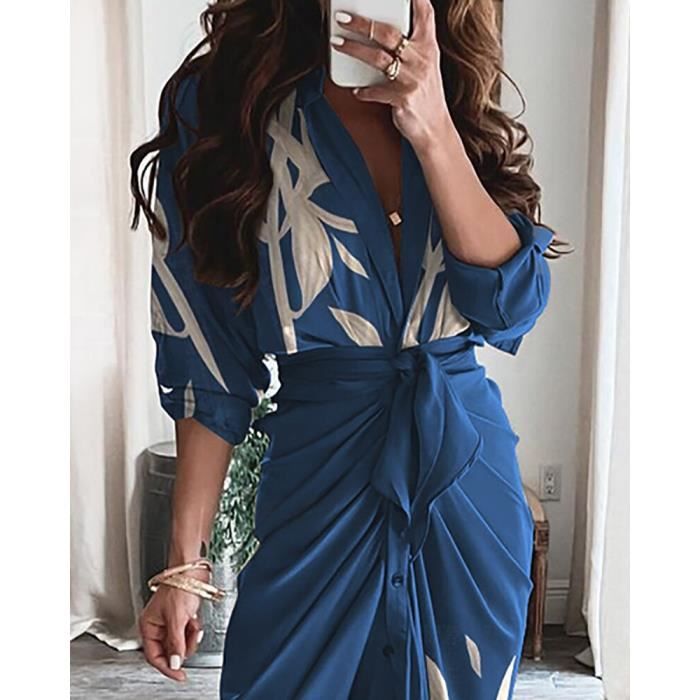 Robe Robe Chemise Froncee pour Femme Motif de Feuilles Imprime Sexy Detail Attache Decontractee Vintage Moulante Fete Beige E6812 Blanc Cdiscount Pret a Porter