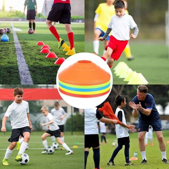 Lot De 50 Plots De Marquage Football – Cônes Disque 19 Cm, 5 Couleurs, Sangle De Fixation Et Sac Filet Inclus – Entraînement Et Délimitation