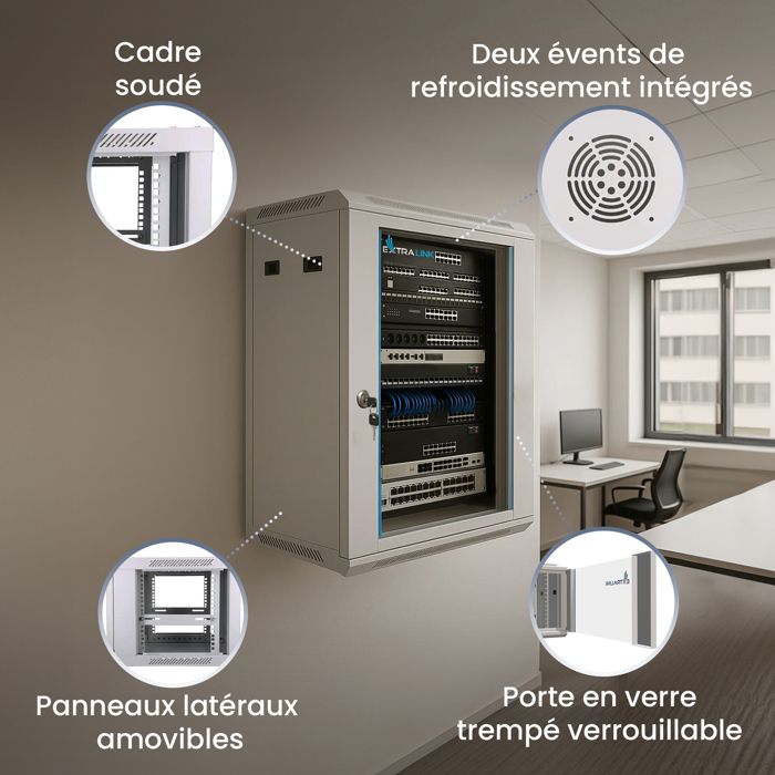 Armoire Rack Murale Extralink 15U 600 × 600 mm Grise – Baie de Brassage ...
