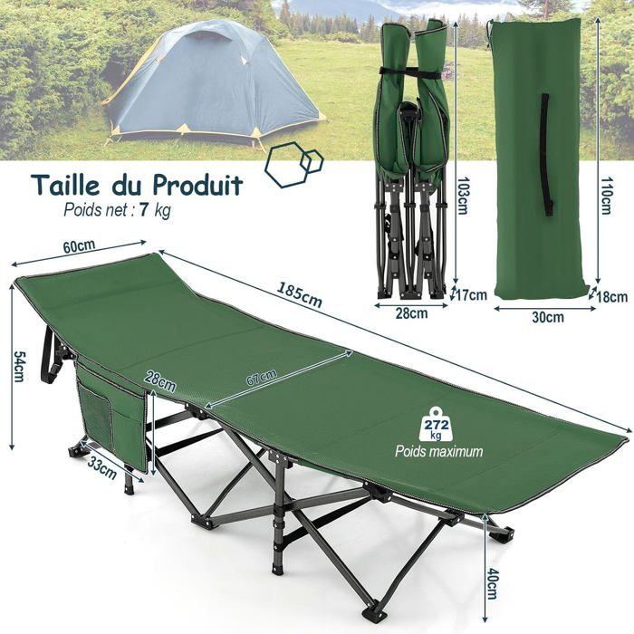 KingCamp Lit de Camp Pliable avec Sac de Transport Lit Pliant de Voyage Solide et Durable Charge 120 kg Tube Épaissi 205 × 75 × 46 cm Noir Beige Vert Noir