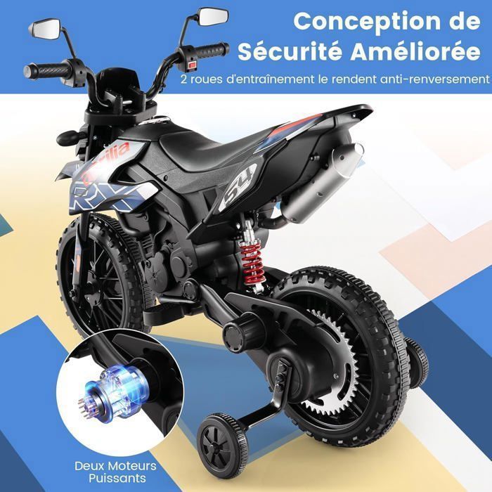 Moto électrique Aprilia Pour Enfant 3-8 Ans - 12V, 6 Km/h, Avec Roues Stabilisatrices, Musique Et Phares - 6