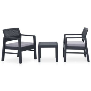 Ensemble table et chaise de jardin FDIT Salon de jardin 3 pcs avec coussins Plastique Gris - FDI7843871889274