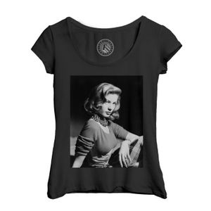 T-SHIRT T-shirt Femme Col Echancré Noir Lauren Bacall Actrice Photo de Star Célébrité Vieux Cinéma Original 10