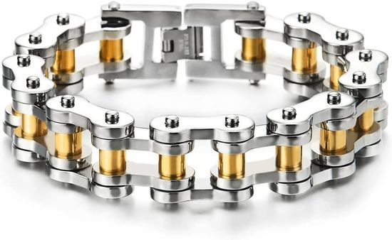 ATEIELLI Bracelet Homme Chaîne Moto Bicolore Acier Inoxydable Noir 22 Cm – Style B300