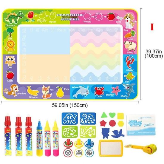 Tapis Dessin à L'eau Pour Enfants 80x100 Cm - Réutilisable - Avec Stylos, Pochoirs - Style Océan - Pour Garçons Et Filles