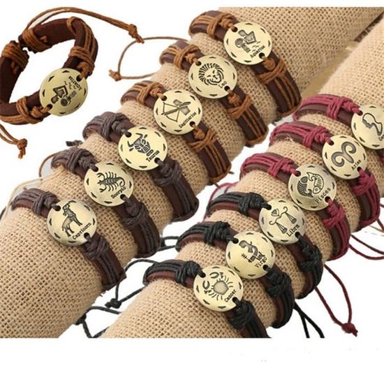 Bracelet en cuir rglable avec 12 signes du zodiaque, breloque ...