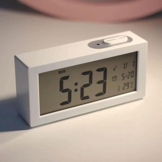 Réveil Digital VFANDV - Grand Écran LCD, Température, Date, Snooze - Portable Piles AAA - Blanc