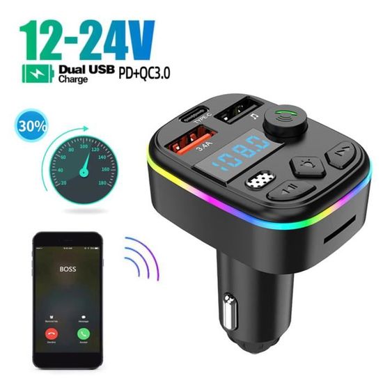 TYKEVO Transmetteur FM Bluetooth Voiture - Lecteur MP3 Allume-Cigare QC3.0 PD USB Type C Avec Écran Et Tension Batterie