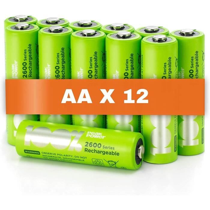 Piles Rechargeables AA - Lot de 12 piles - 100% PeakPower - Batteries Préchargées Haute Capacité NiMH 1.2V LR06 Longue durée