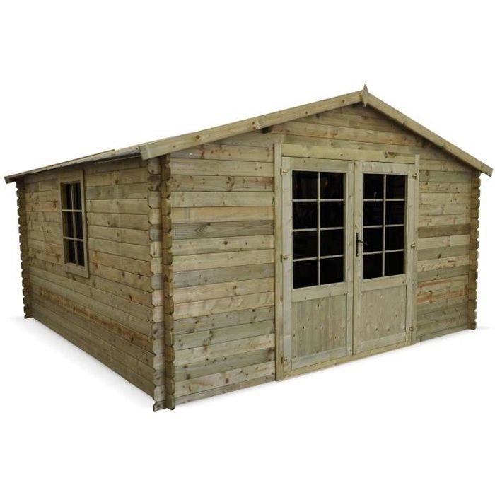 Abri de jardin traité autoclave classe 3, MERIBEL en bois FSC de 17,2 m², structure en madriers 28 mm, sapin du nord