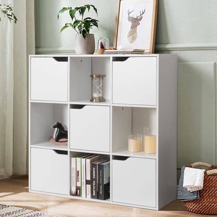 COSTWAY Bibliothèque de Rangement avec Portes 90x29x90 CM Meuble en Bois 3 Etagères Blanche de Style Scandinave et Moderne