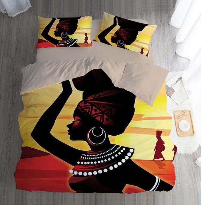 Parure de couette Femmes africaines Éléments nationaux style9 impression lit 4 pièces- 1 housse de couette 220*240 cm +1drap plat