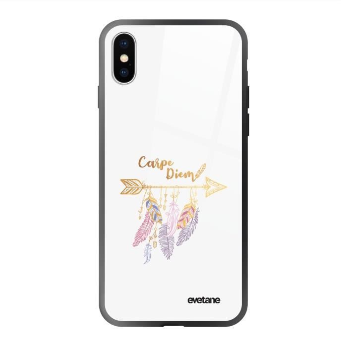 Coque en verre trempé iPhone Xs Max noir Carpe Diem Or Ecriture Tendance et Design Evetane