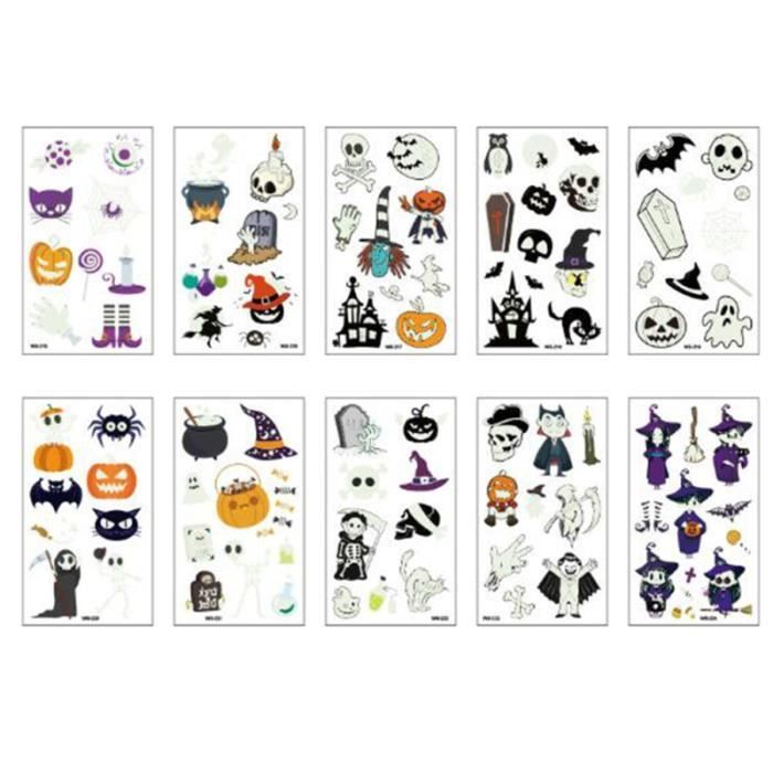 10 feuilles pâtes de tatouage drôle lumineux dessin animé Halloween autocollants corps TATTOOS - BODY JEWELERY - HAIR JEWELERY