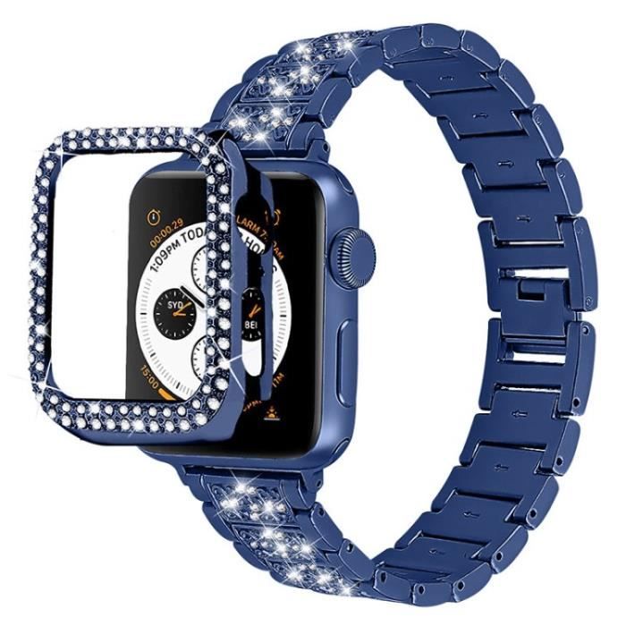 3 Perles Strasscor Sangle Montre + Bracelet Couverture Montre Pour Apple Watch Series 1-2-3 42Mm - Bleu