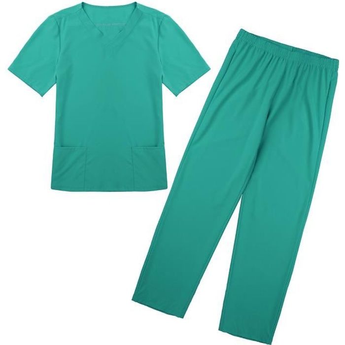 Unisexe Uniforme Médical Haut et Pantalon Ensemble Tenue Manches Courtes Poche Professionnelle S-XXXL Teal