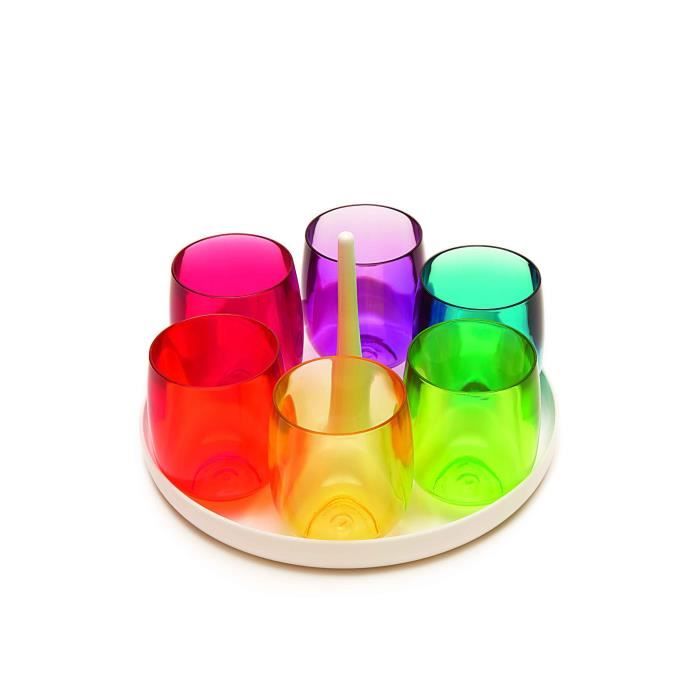 Zak Designs 2007-210 Stacky Lot de 7 Pièces Plateau Apéritif 16 cm + 6 Verres à Liqueur Ballon 6 cl Rainbow/Blanc