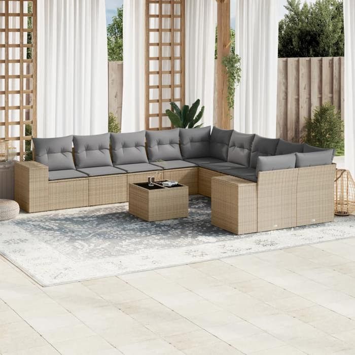 vidaXL Salon de Jardin avec Coussins 11 pcs Canapés de Terrasse Ensemble de Meubles de Patio Mobilier dExtérieur Beige 3223118
