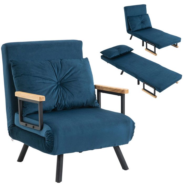 Fauteuil convertible HOMCOM 3 en 1 chauffeuse lit 1 place dossier réglable accoudoirs en bois et coussin tissu effet velours bleu