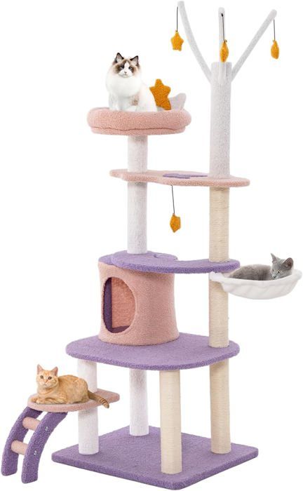 Comparer les prix de GOPLUS Arbre à Chat 158cm en Polaire Teddy, Griffoirs en Sisal, Perchoir Etoile de Lune, Condo, Hamac, Jouet Suspendu, 59x49x158cm