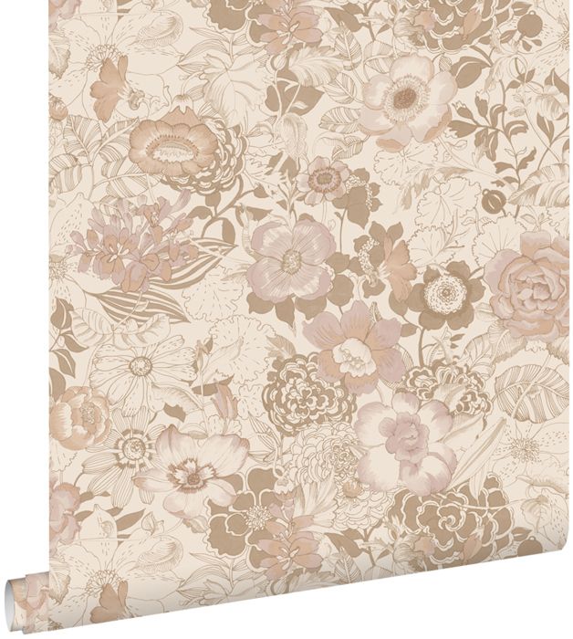 ESTAhome -  papier peint - fleurs vintage - beige et vieux rose - 0.53 x 10.05 m