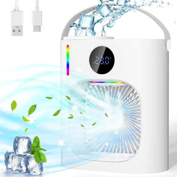 Climatizzatore USB Portatile JIMIGO 4-in-1: Ventilatore, Umidificatore, Luce LED, 900ml