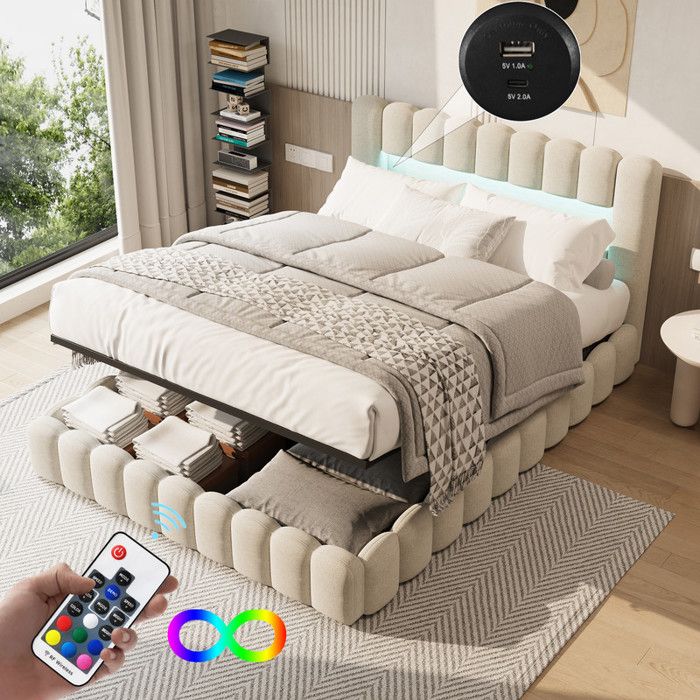 Lit coffre 140x200cm Avec lampe de lecture LED - velours côtelé - avec Sommier à lattes en métal et Stockage hydraulique - beige - Maison
