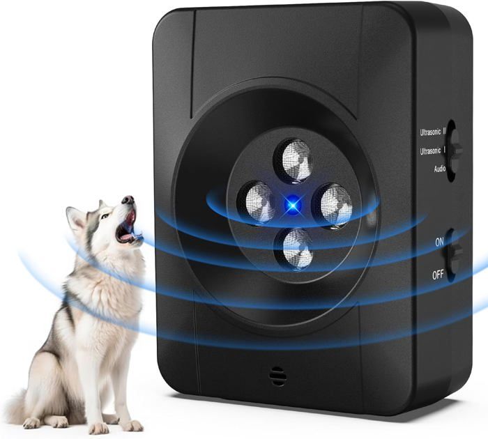Comparer les prix de Anti Aboiement pour Chien, 4 émetteurs Puissants Ultrason Chien, Rechargeable Boitier Anti Aboiement Chien 3 Modes