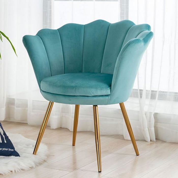 Wahson Fauteuil et Chaise avec Pieds en Métal Plaqué Or Fauteuil Coquillage pour Coiffeuse Fauteuil de salon Velours Vert Clair