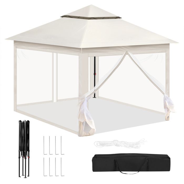 GOPLUS Tonnelle Jardin Exterieur Pliante 3 X 3 M, Auvent Avec Paroi Latérale, Hauteur Réglable 2,62M, Sac Transport, 4 Piquets, Tente Jardin Imperméable Pour Fêtes Et Camping (300CM|Blanc
