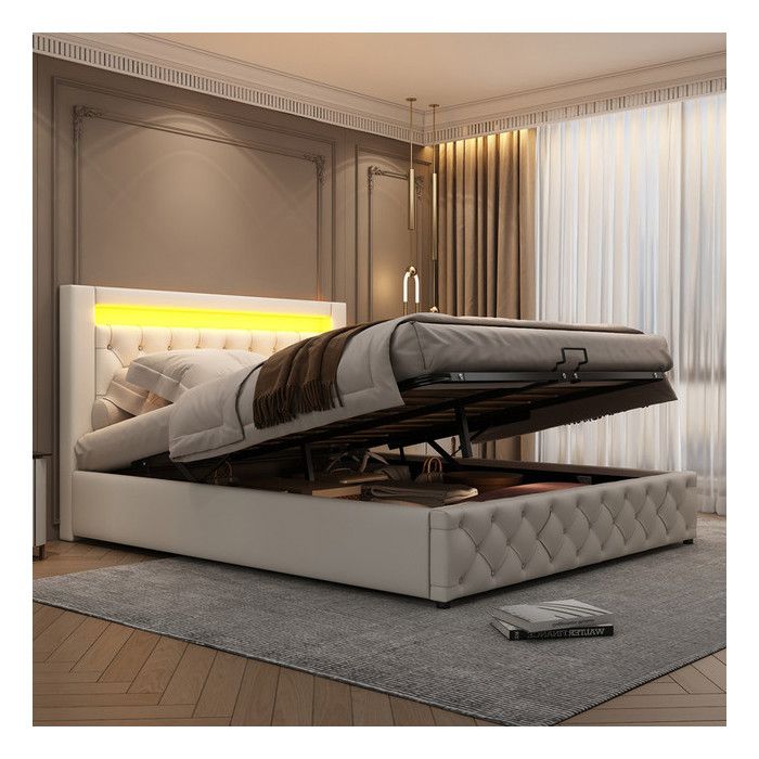 Lit 2 Personnes 140x200 cm avec Sommier Lit Double avec éClairage LED et TêTe de Lit Pu Cadre de Lit Adulte Blanc